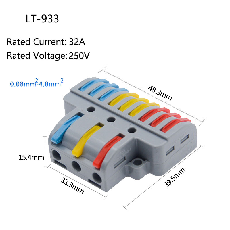 2in4 LT422, 2in6 LT623, 3in6 LT633, 3in9 LT933 Quick Clamp Terminal Push-In Electrical Wire Connectors 2in4 LT422, 2in6 LT623, 3in6 LT633, 3in9 LT933 Quick Clamp Terminal Push-In Electrical Wire Connectors
